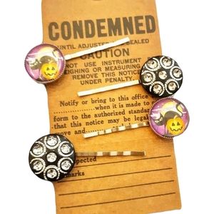 Blue Honey Jewelry Halloween Button Hair Pin Set / Black Cat & Jack- O- Lantern